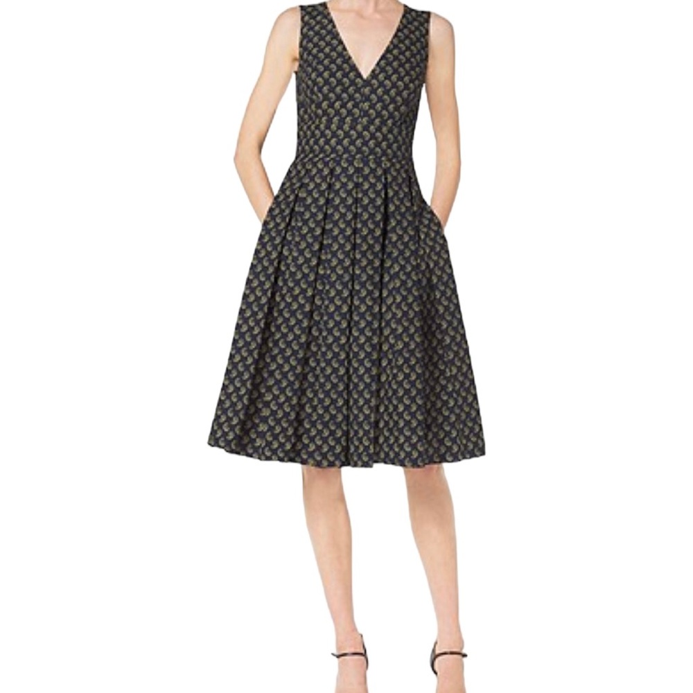 Michael Kors COLLECTION Navy/Yellow Paisley Cotton Poplin Pleat Dress 12 NEW